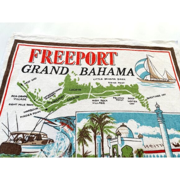 Vintage 60s Freeport Bahamas tea towel, souvenir linen, 100% linen, Ireland - Picture 2 of 8